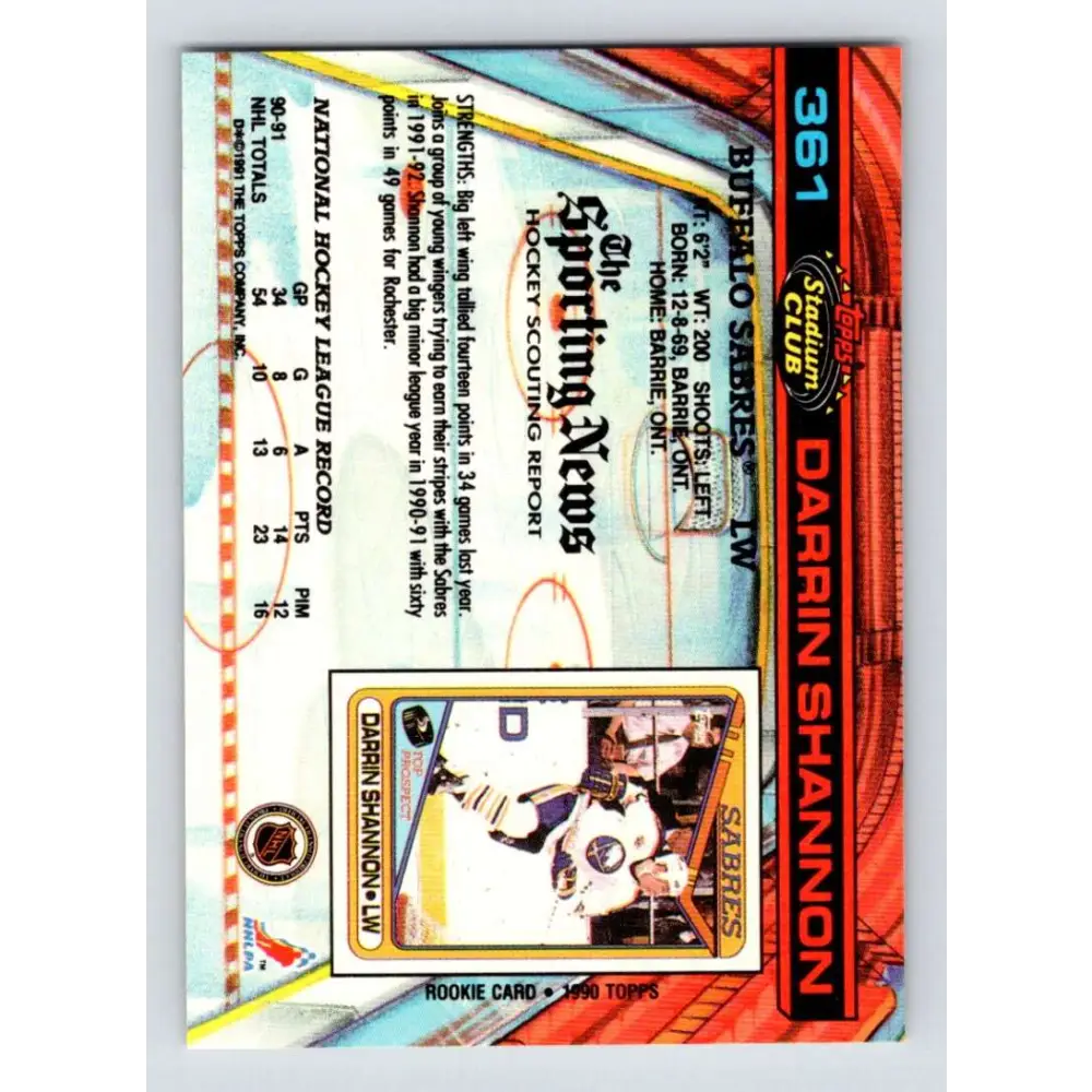 1991-92 Topps Stadium Club #361 Darrin Shannon NM-MT Buffalo Sabres Hockey Card Image 2