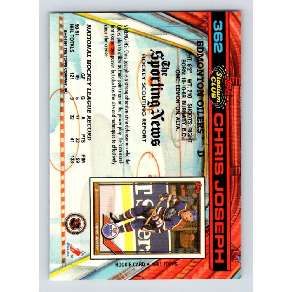 1991-92 Topps Stadium Club #362 Chris Joseph NM-MT Edmonton Oilers Hockey Card Image 2