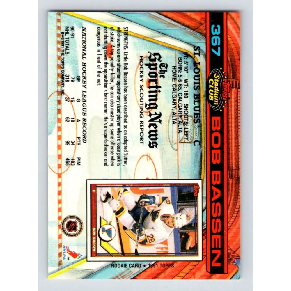 1991-92 Topps Stadium Club #367 Bob Bassen NM-MT St. Louis Blues Hockey Card Image 2