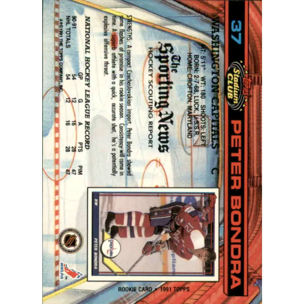 1991-92 Topps Stadium Club #37 Peter Bondra NM-MT Washington Capitals Hockey Card Image 2