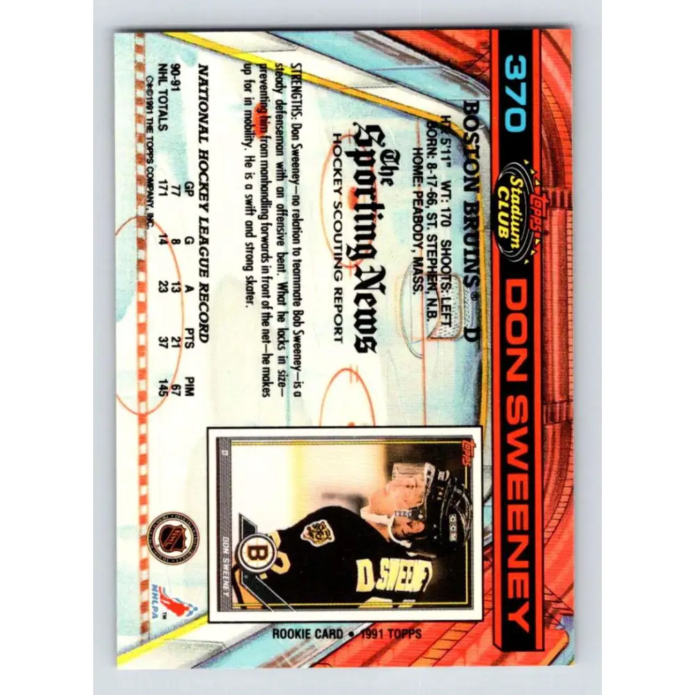 1991-92 Topps Stadium Club #370 Don Sweeney NM-MT Boston Bruins Hockey Card Image 2