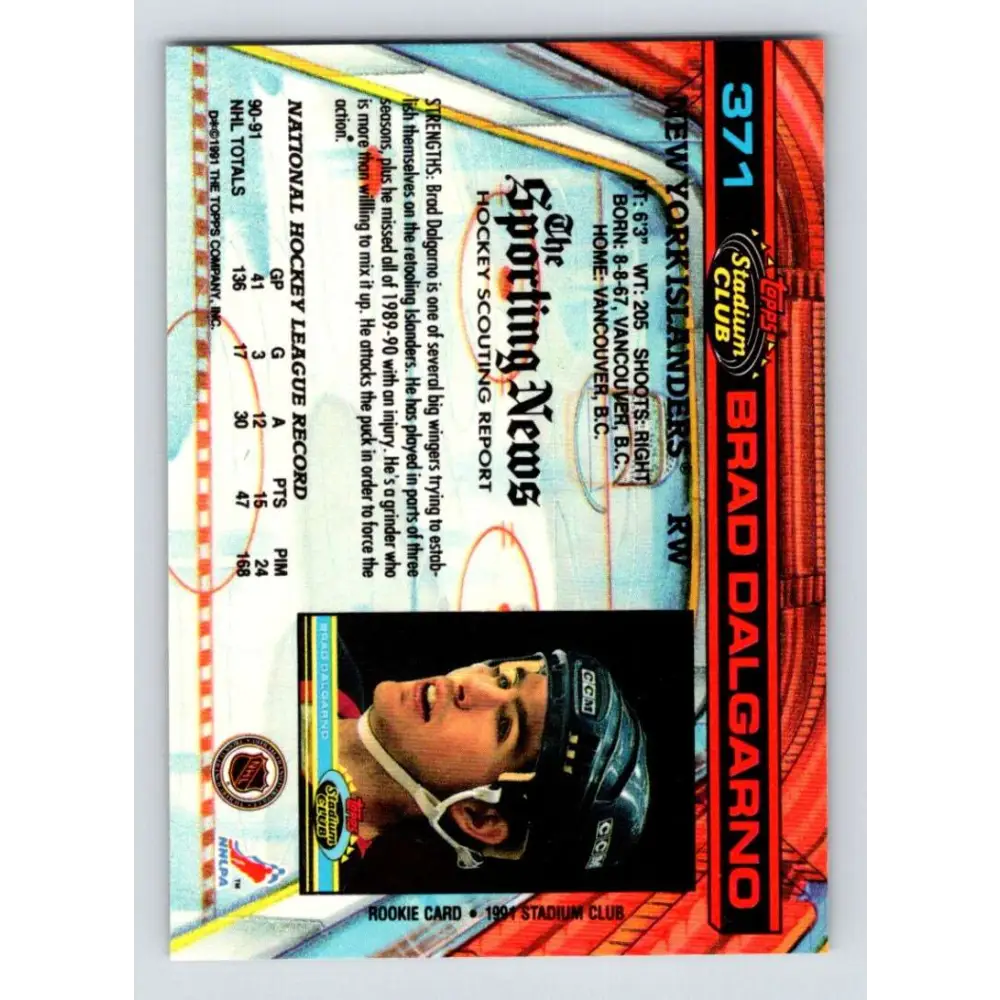 1991-92 Topps Stadium Club #371 Brad Dalgarno NM-MT New York Islanders Hockey Card Image 2