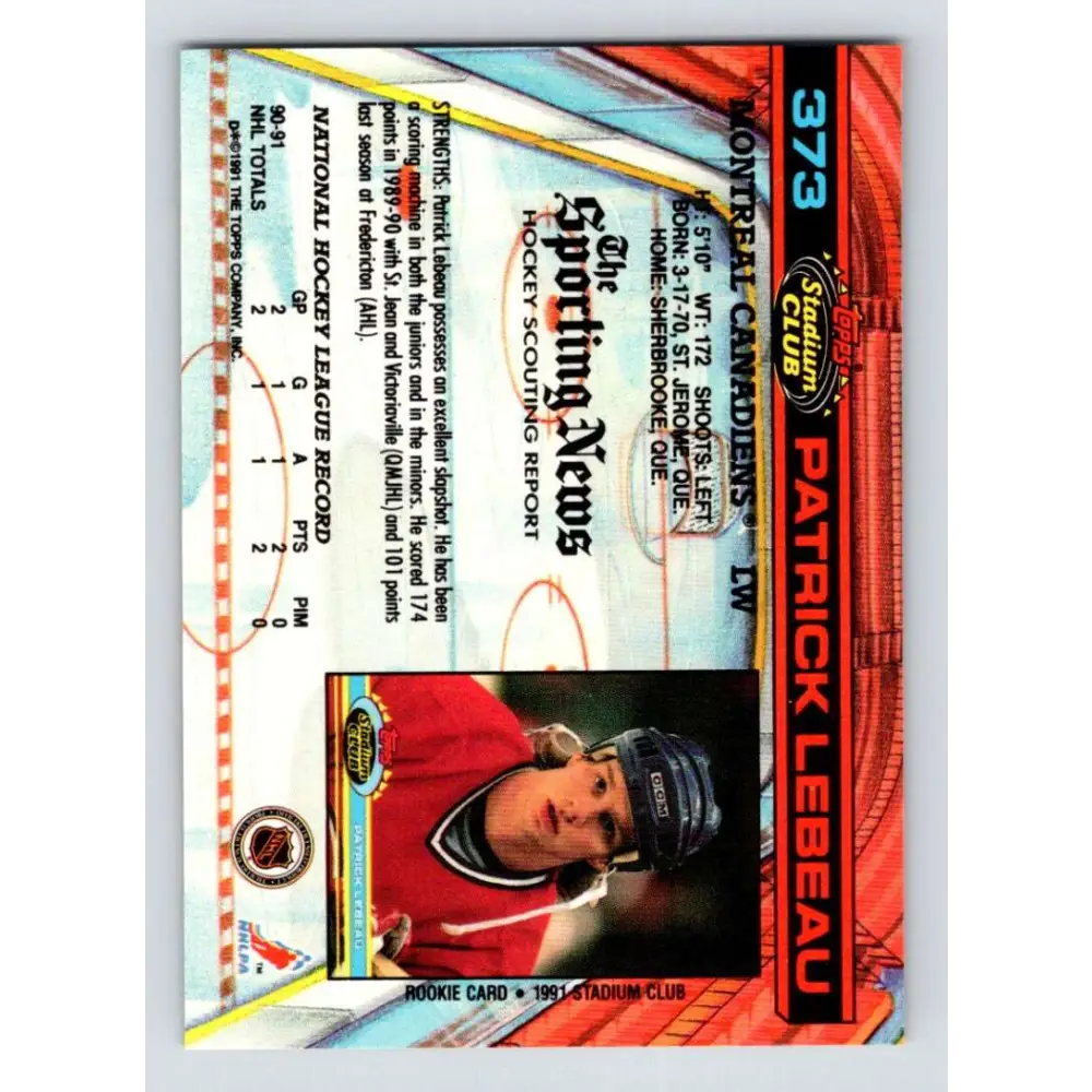 1991-92 Topps Stadium Club #373 Patrick Lebeau UER NM-MT RC Rookie Montreal Canadiens Hockey Card Image 2
