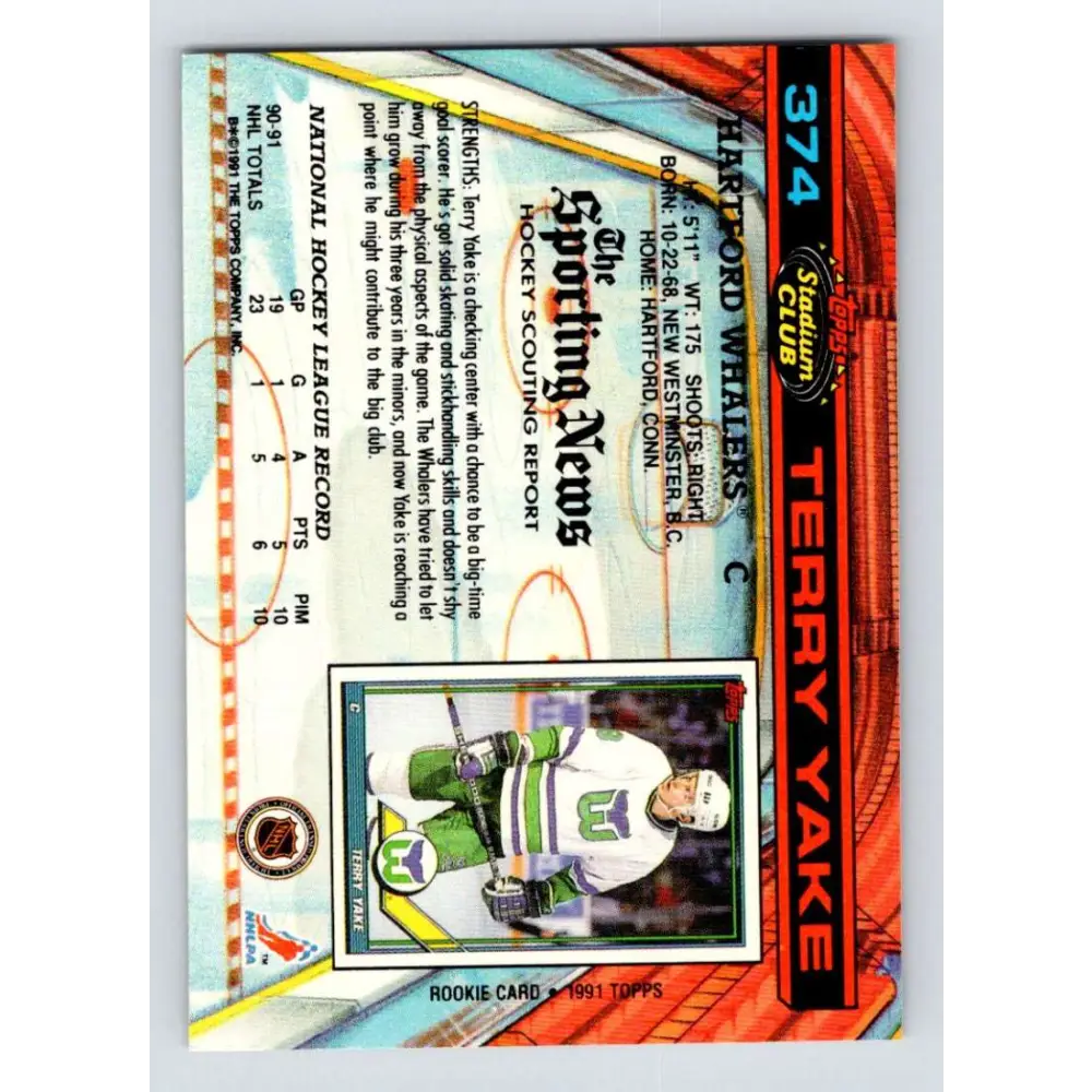 1991-92 Topps Stadium Club #374 Terry Yake NM-MT Hartford Whalers Hockey Card Image 2