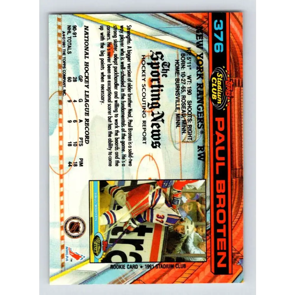 1991-92 Topps Stadium Club #376 Paul Broten NM-MT New York Rangers Hockey Card Image 2