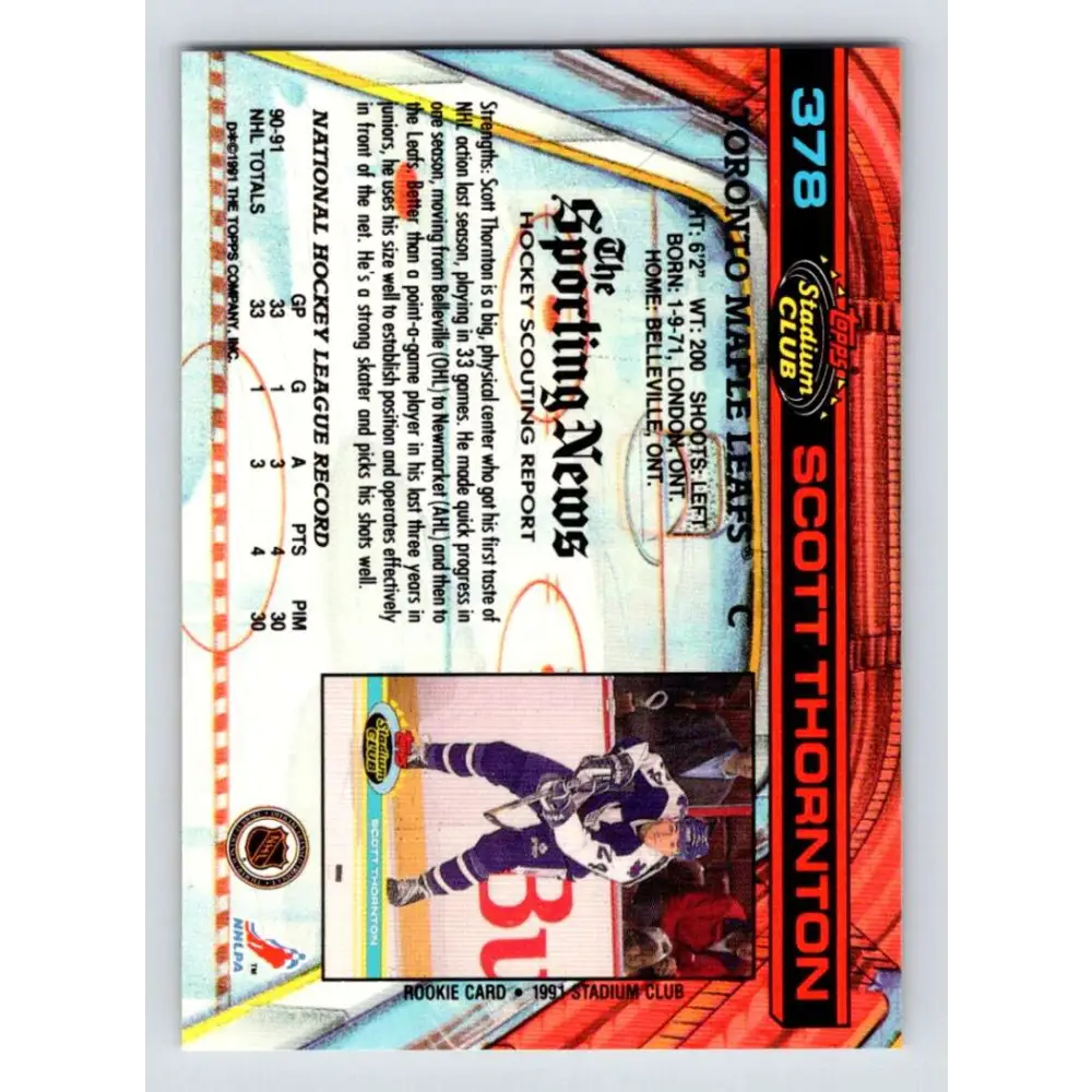 1991-92 Topps Stadium Club #378 Scott Thornton NM-MT Toronto Maple Leafs Hockey Card Image 2