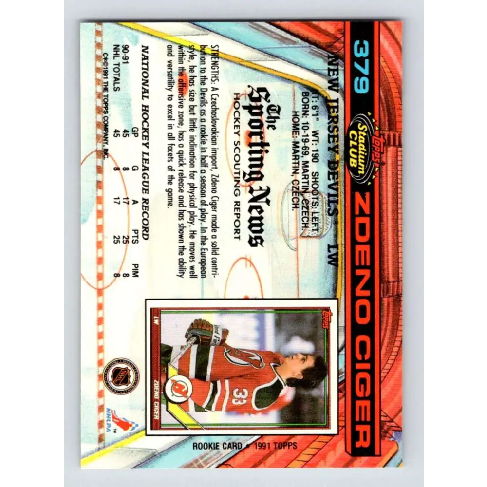 1991-92 Topps Stadium Club #379 Zdeno Ciger NM-MT New Jersey Devils Hockey Card Image 2