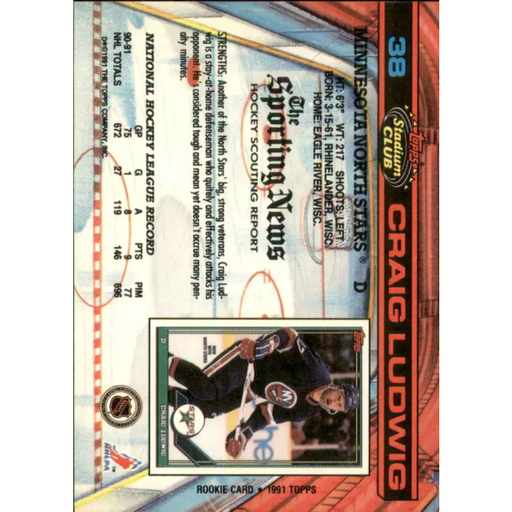 1991-92 Topps Stadium Club #38 Craig Ludwig NM-MT Minnesota North Stars Hockey Card Image 2