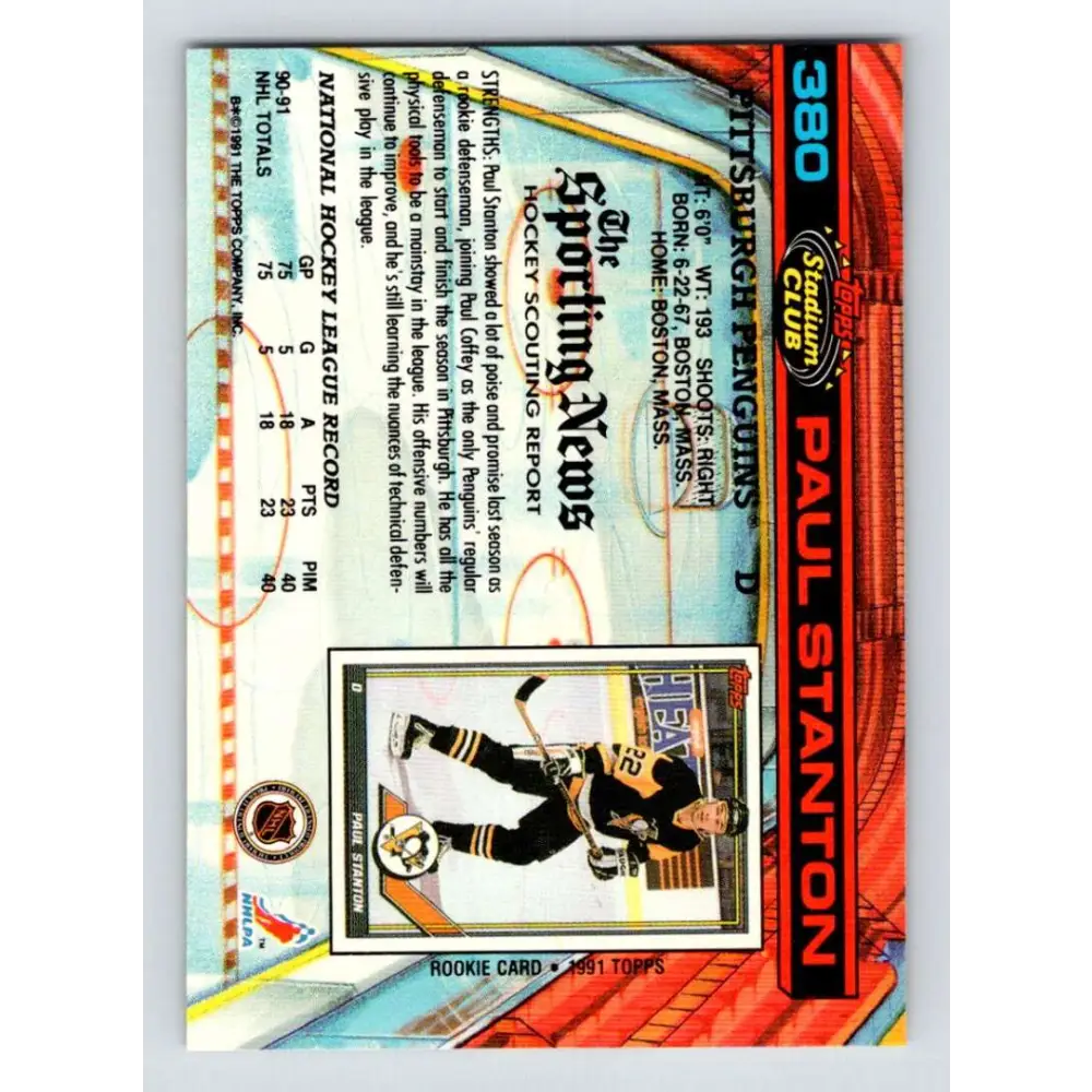 1991-92 Topps Stadium Club #380 Paul Stanton NM-MT Pittsburgh Penguins Hockey Card Image 2