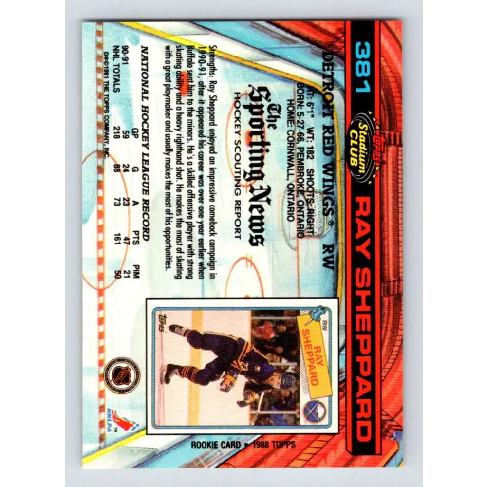 1991-92 Topps Stadium Club #381 Ray Sheppard NM-MT Detroit Red Wings Hockey Card Image 2