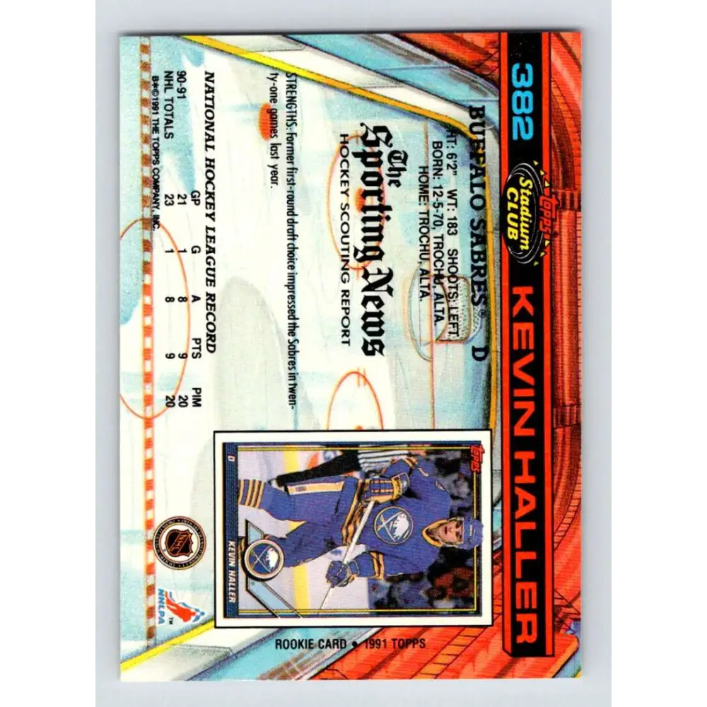 1991-92 Topps Stadium Club #382 Kevin Haller NM-MT RC Rookie Buffalo Sabres Hockey Card Image 2