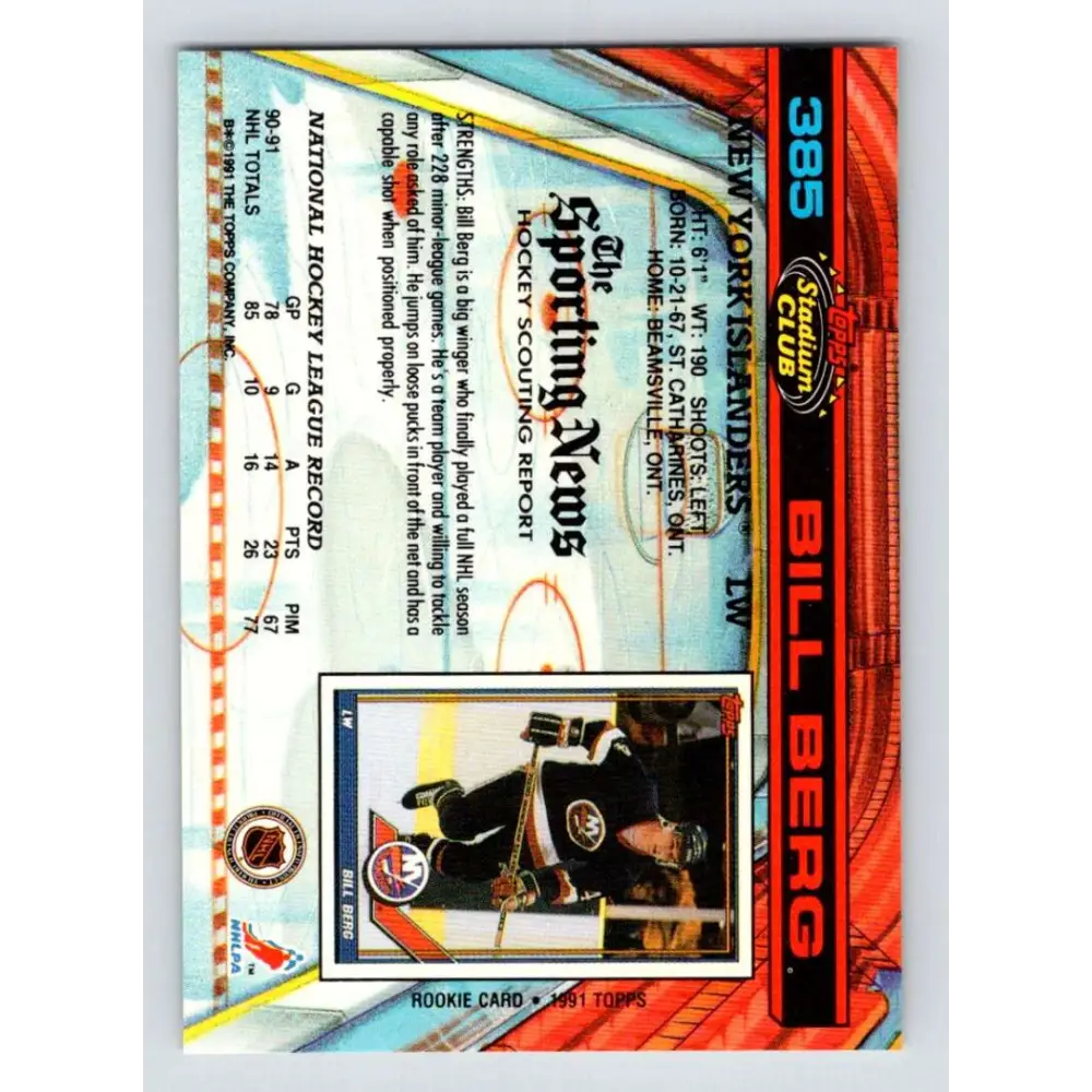 1991-92 Topps Stadium Club #385 Bill Berg NM-MT New York Islanders Hockey Card Image 2