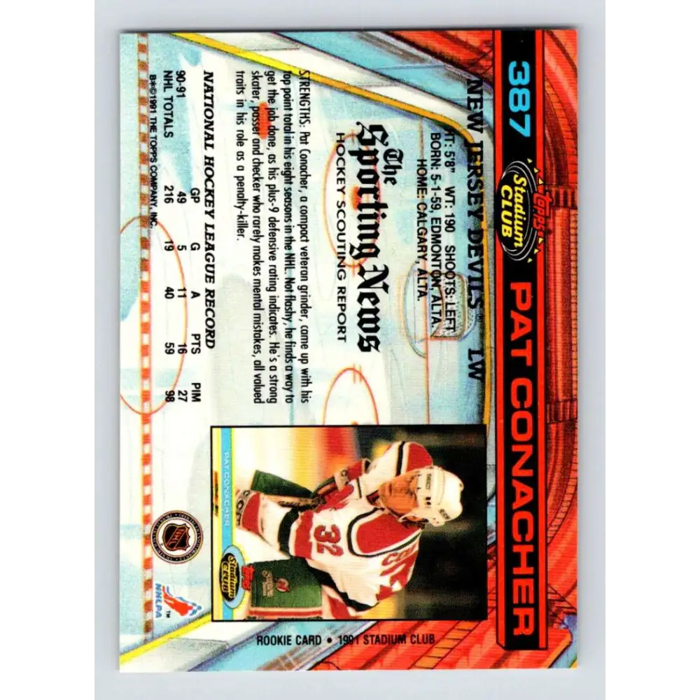 1991-92 Topps Stadium Club #387 Pat Conacher NM-MT New Jersey Devils Hockey Card Image 2