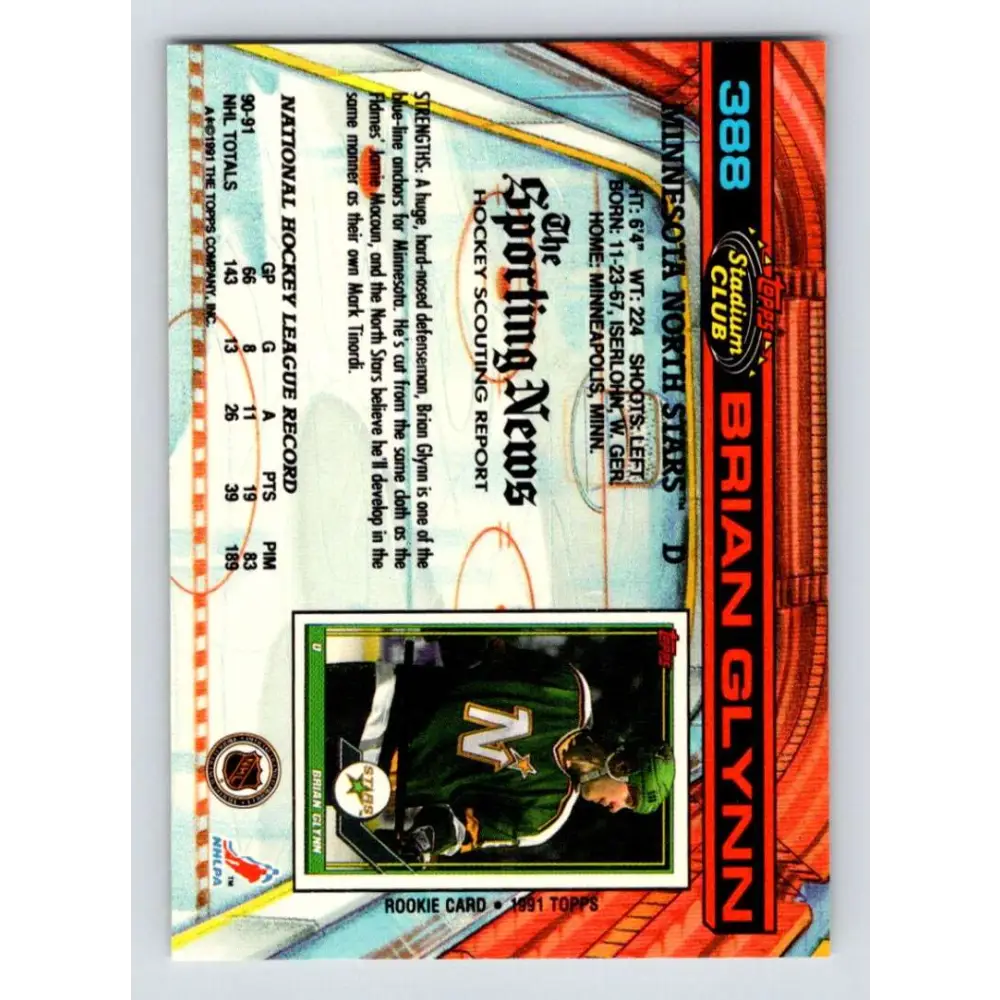 1991-92 Topps Stadium Club #388 Brian Glynn NM-MT Minnesota North Stars Hockey Card Image 2