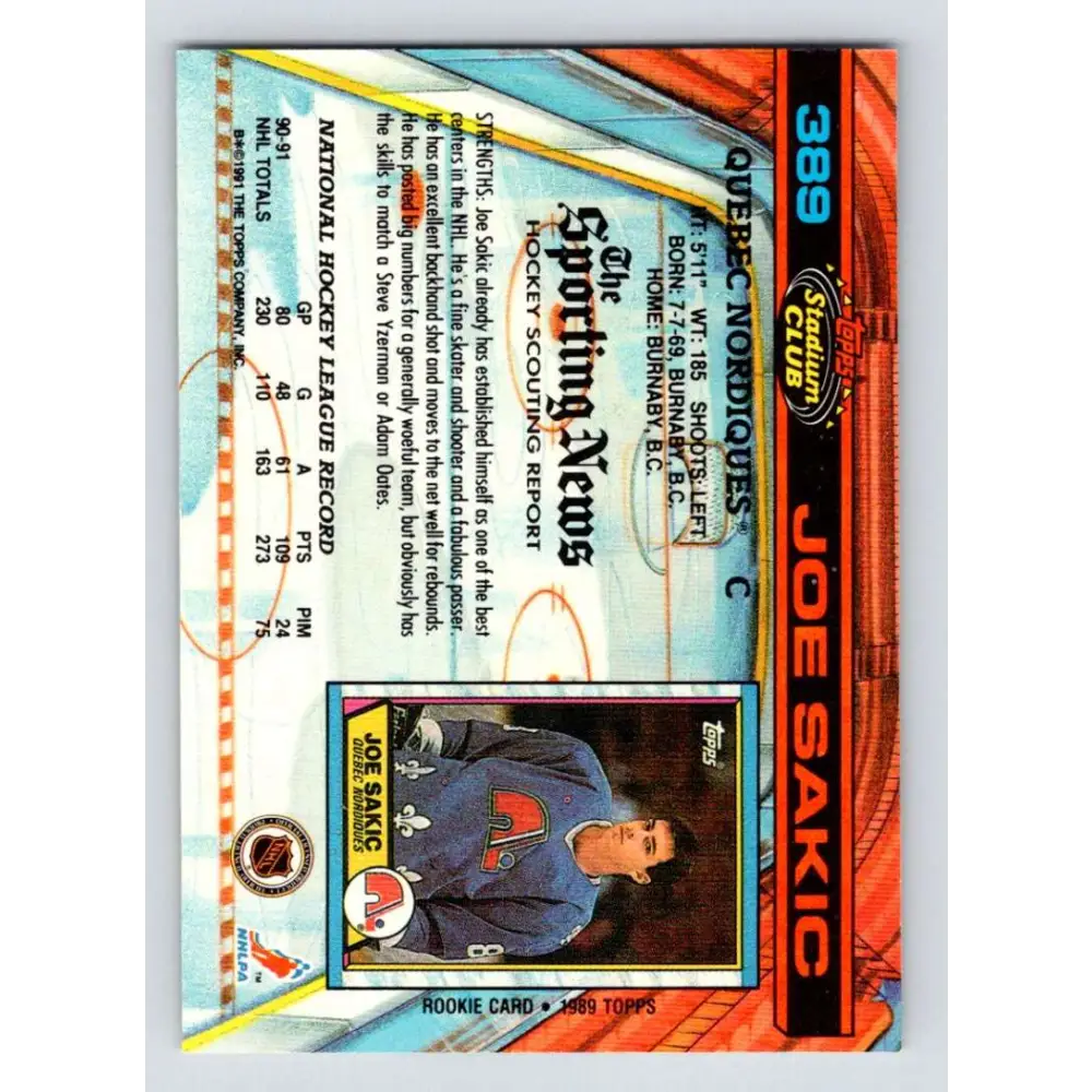 1991-92 Topps Stadium Club #389 Joe Sakic NM-MT Quebec Nordiques Hockey Card Image 2