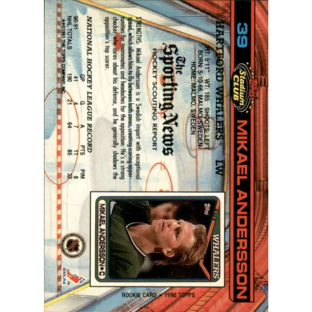 1991-92 Topps Stadium Club #39 Mikael Andersson NM-MT Hartford Whalers Hockey Card Image 2