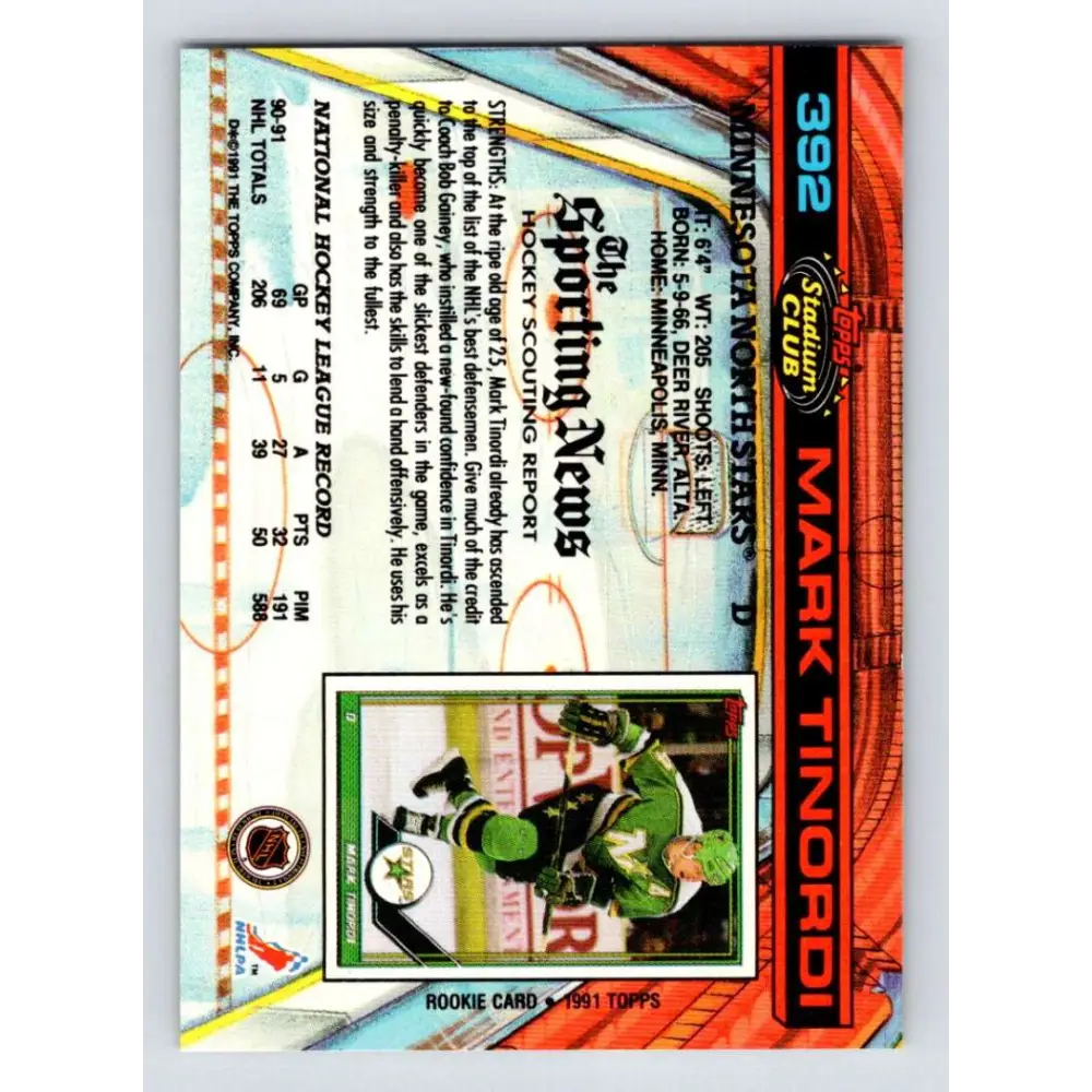1991-92 Topps Stadium Club #392 Mark Tinordi NM-MT Minnesota North Stars Hockey Card Image 2