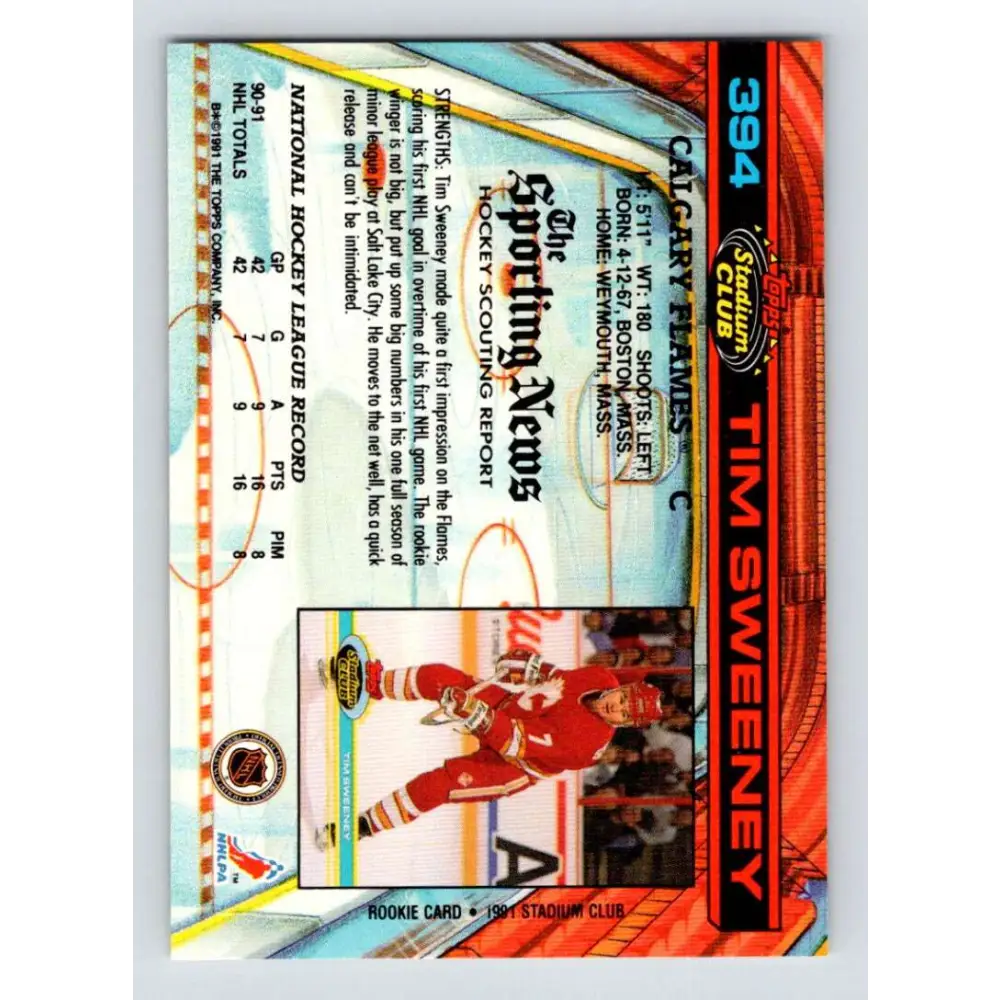 1991-92 Topps Stadium Club #394 Tim Sweeney NM-MT Calgary Flames Hockey Card Image 2