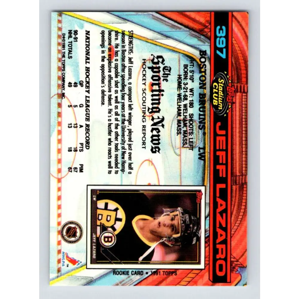 1991-92 Topps Stadium Club #397 Jeff Lazaro NM-MT Boston Bruins Hockey Card Image 2