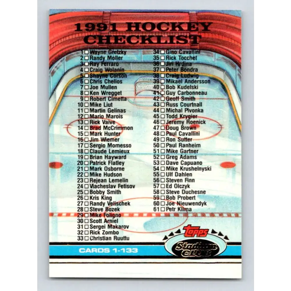 1991-92 Topps Stadium Club #398 Checklist 1-133 NM-MT Hockey Card Image 1