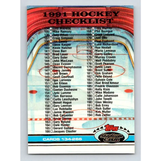 1991-92 Topps Stadium Club #399 Checklist 134-266 NM-MT Hockey Card Image 1