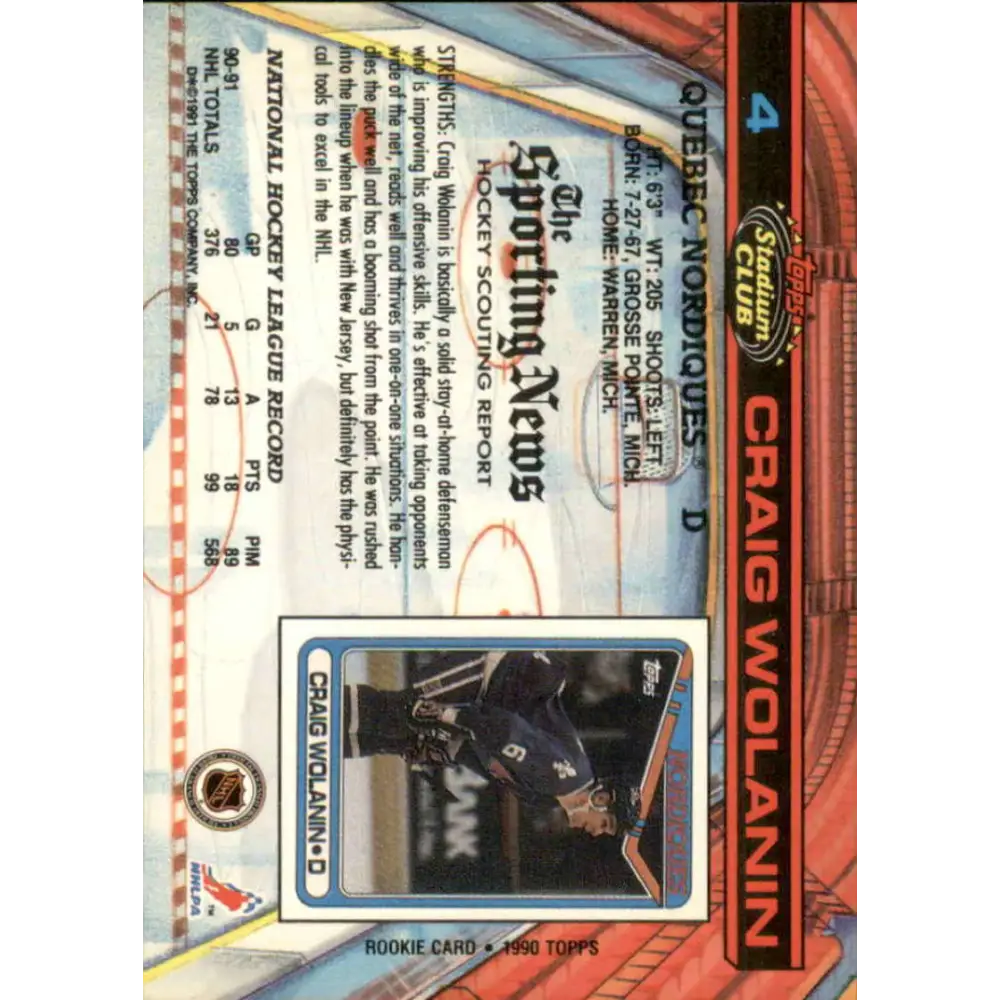 1991-92 Topps Stadium Club #4 Craig Wolanin NM-MT Quebec Nordiques Hockey Card Image 2