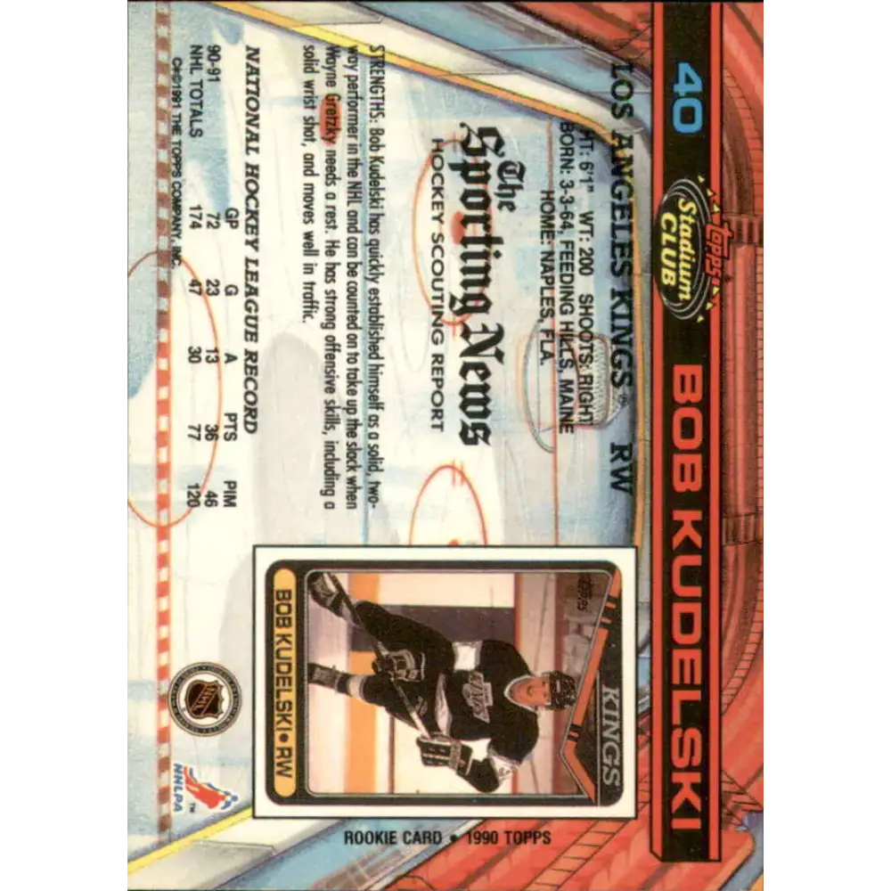 1991-92 Topps Stadium Club #40 Bob Kudelski NM-MT Los Angeles Kings Hockey Card Image 2