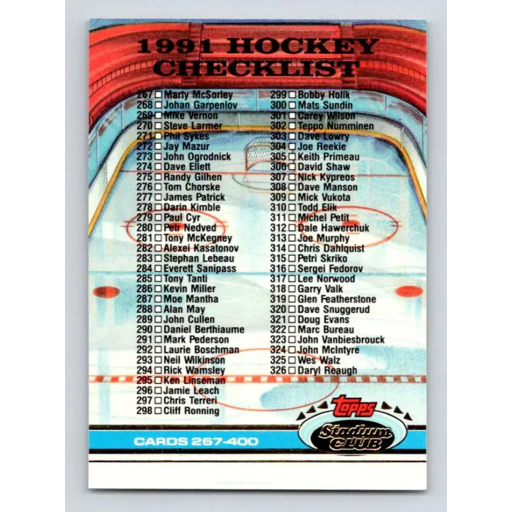 1991-92 Topps Stadium Club #400 Checklist 267-400 NM-MT Hockey Card Image 1