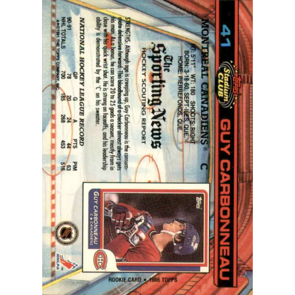 1991-92 Topps Stadium Club #41 Guy Carbonneau NM-MT Montreal Canadiens Hockey Card Image 2