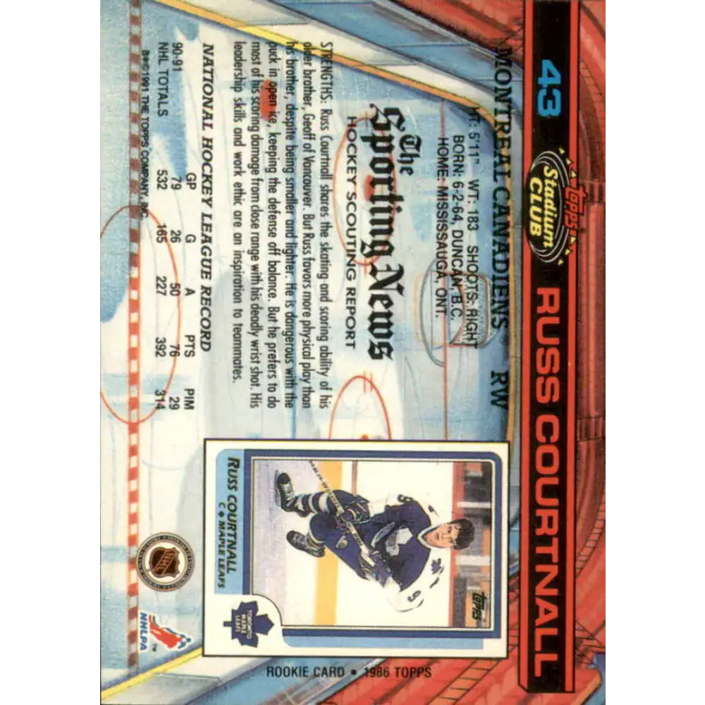 1991-92 Topps Stadium Club #43 Russ Courtnall NM-MT Montreal Canadiens Hockey Card Image 2