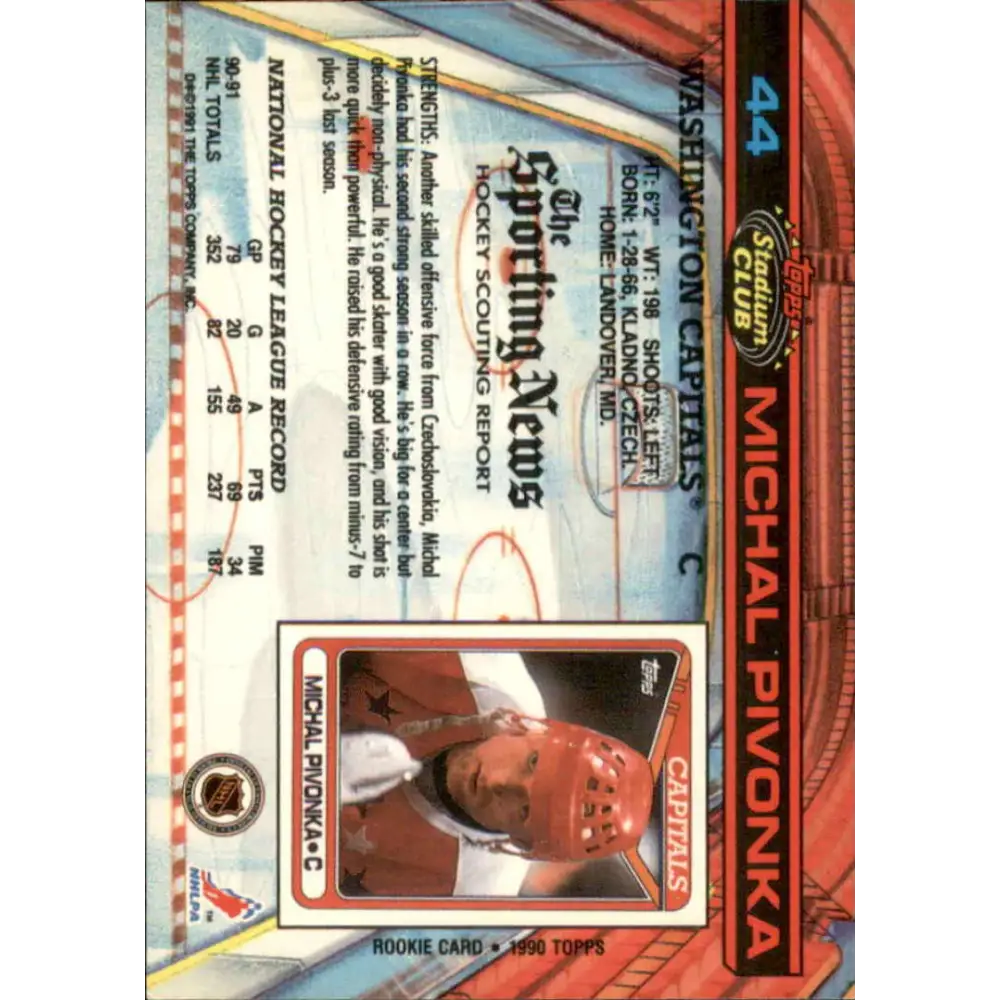 1991-92 Topps Stadium Club #44 Michal Pivonka NM-MT Washington Capitals Hockey Card Image 2