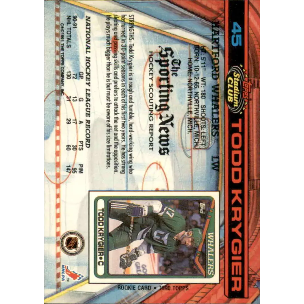 1991-92 Topps Stadium Club #45 Todd Krygier NM-MT Hartford Whalers Hockey Card Image 2