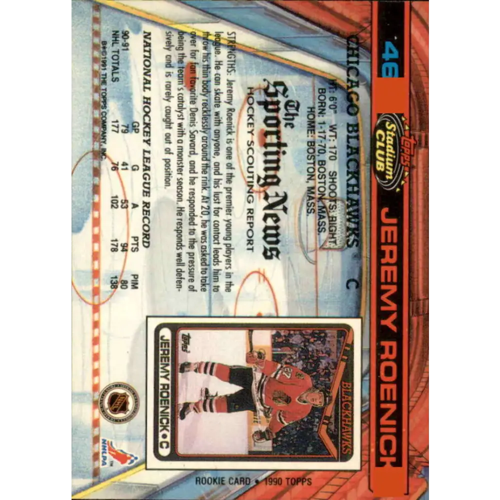 1991-92 Topps Stadium Club #46 Jeremy Roenick NM-MT Chicago Blackhawks Hockey Card Image 2