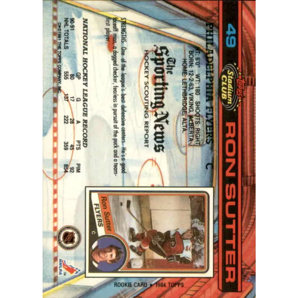 1991-92 Topps Stadium Club #49 Ron Sutter NM-MT Philadelphia Flyers Hockey Card Image 2