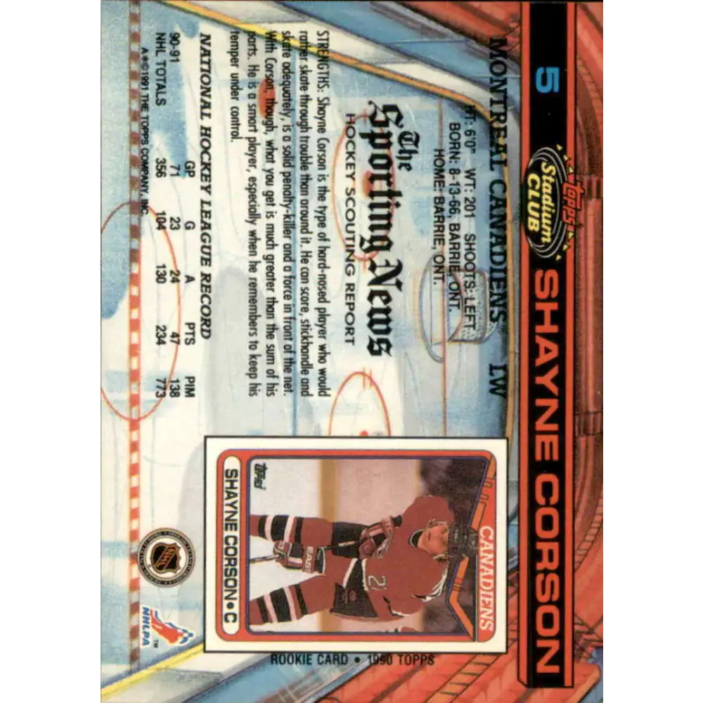 1991-92 Topps Stadium Club #5 Shayne Corson NM-MT Montreal Canadiens Hockey Card Image 2