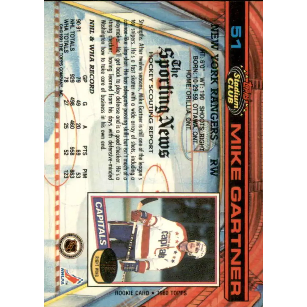 1991-92 Topps Stadium Club #51 Mike Gartner NM-MT New York Rangers Hockey Card Image 2