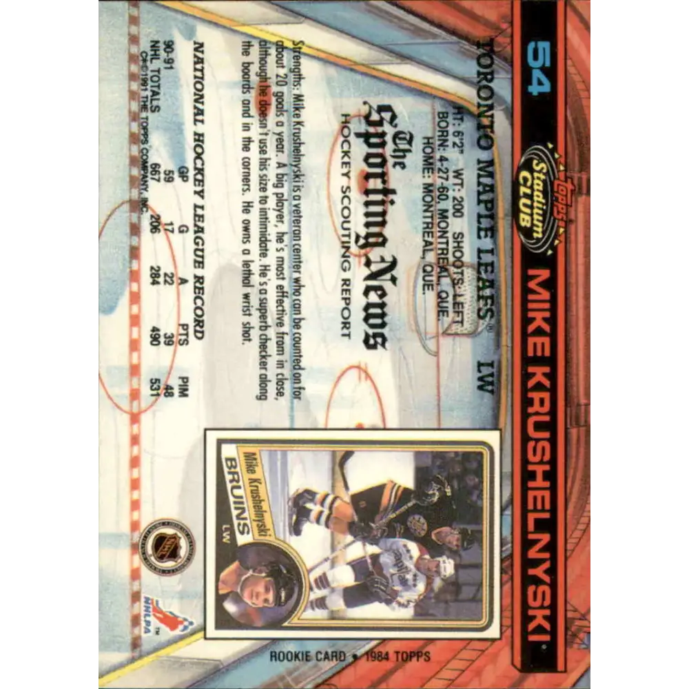 1991-92 Topps Stadium Club #54 Mike Krushelnyski NM-MT Toronto Maple Leafs Hockey Card Image 2