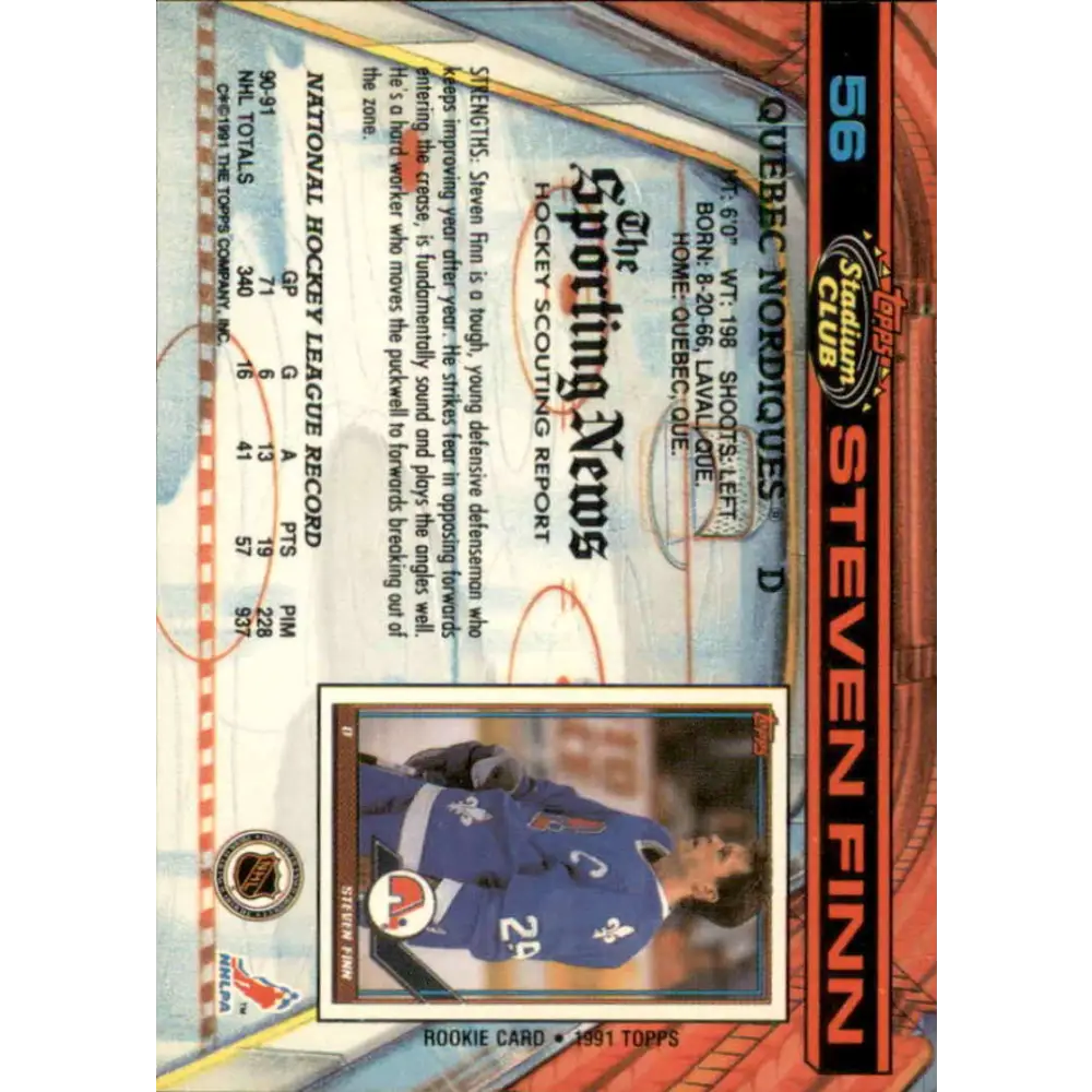 1991-92 Topps Stadium Club #56 Steven Finn NM-MT Quebec Nordiques Hockey Card Image 2