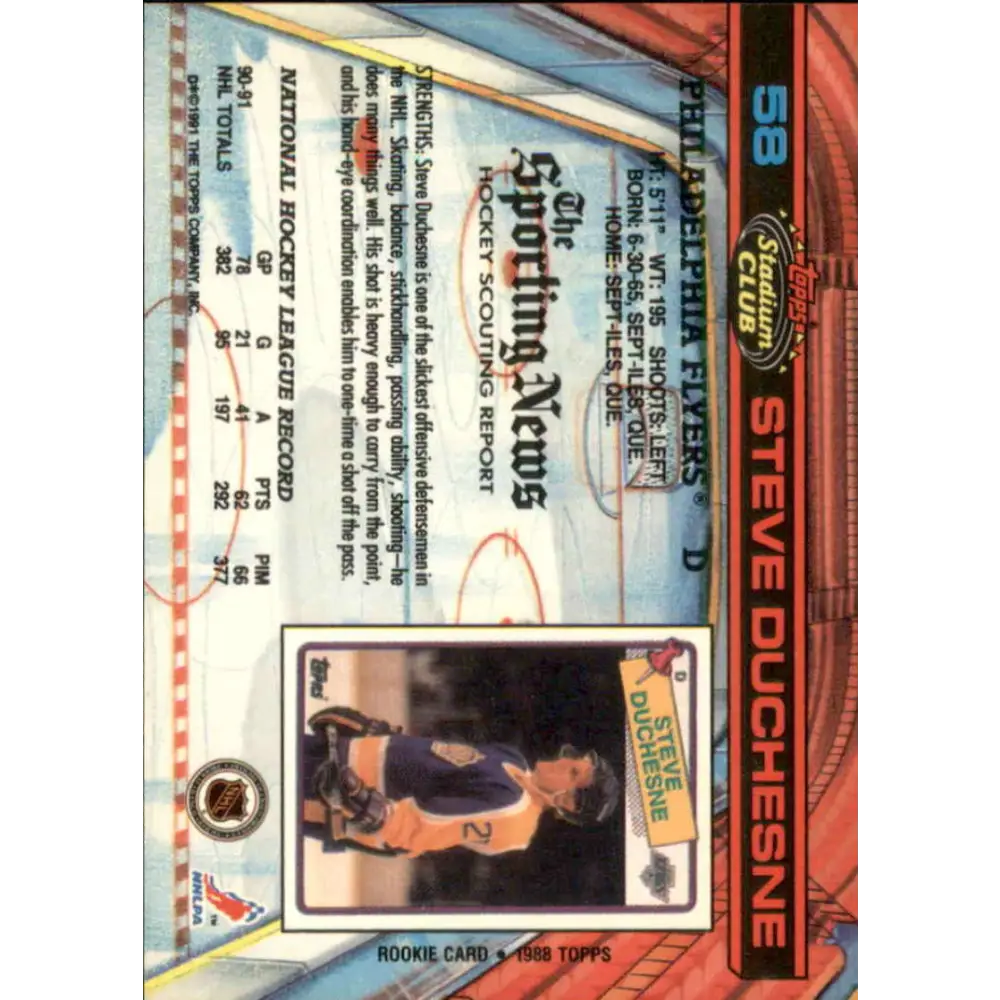 1991-92 Topps Stadium Club #58 Steve Duchesne NM-MT Philadelphia Flyers Hockey Card Image 2