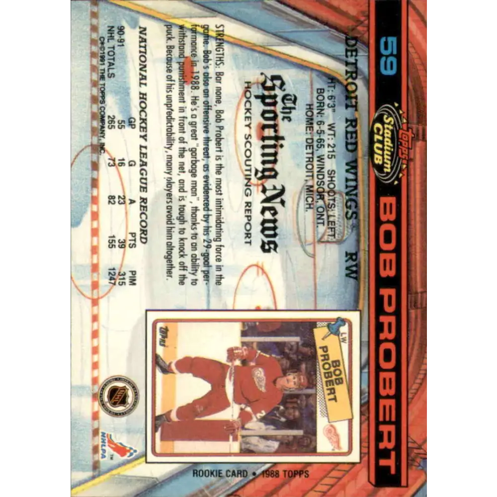 1991-92 Topps Stadium Club #59 Bob Probert NM-MT Detroit Red Wings Hockey Card Image 2