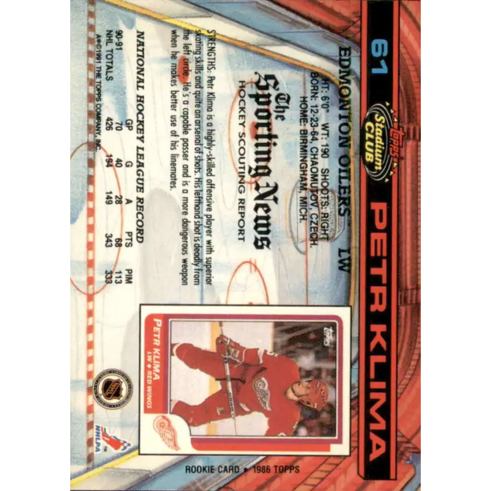 1991-92 Topps Stadium Club #61 Petr Klima NM-MT Edmonton Oilers Hockey Card Image 2