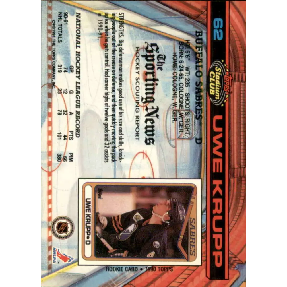 1991-92 Topps Stadium Club #62 Uwe Krupp NM-MT Buffalo Sabres Hockey Card Image 2