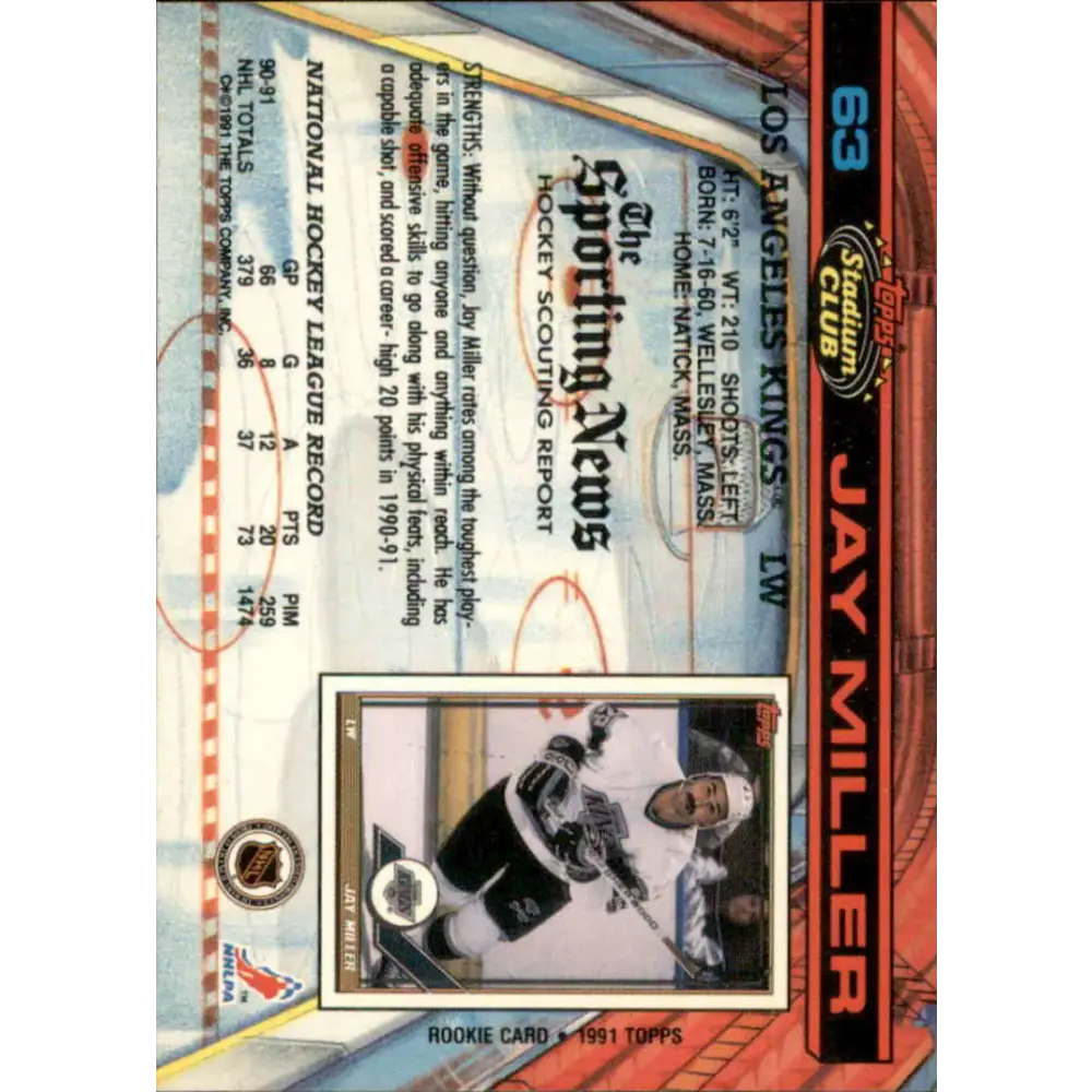 1991-92 Topps Stadium Club #63 Jay Miller NM-MT Los Angeles Kings Hockey Card Image 2