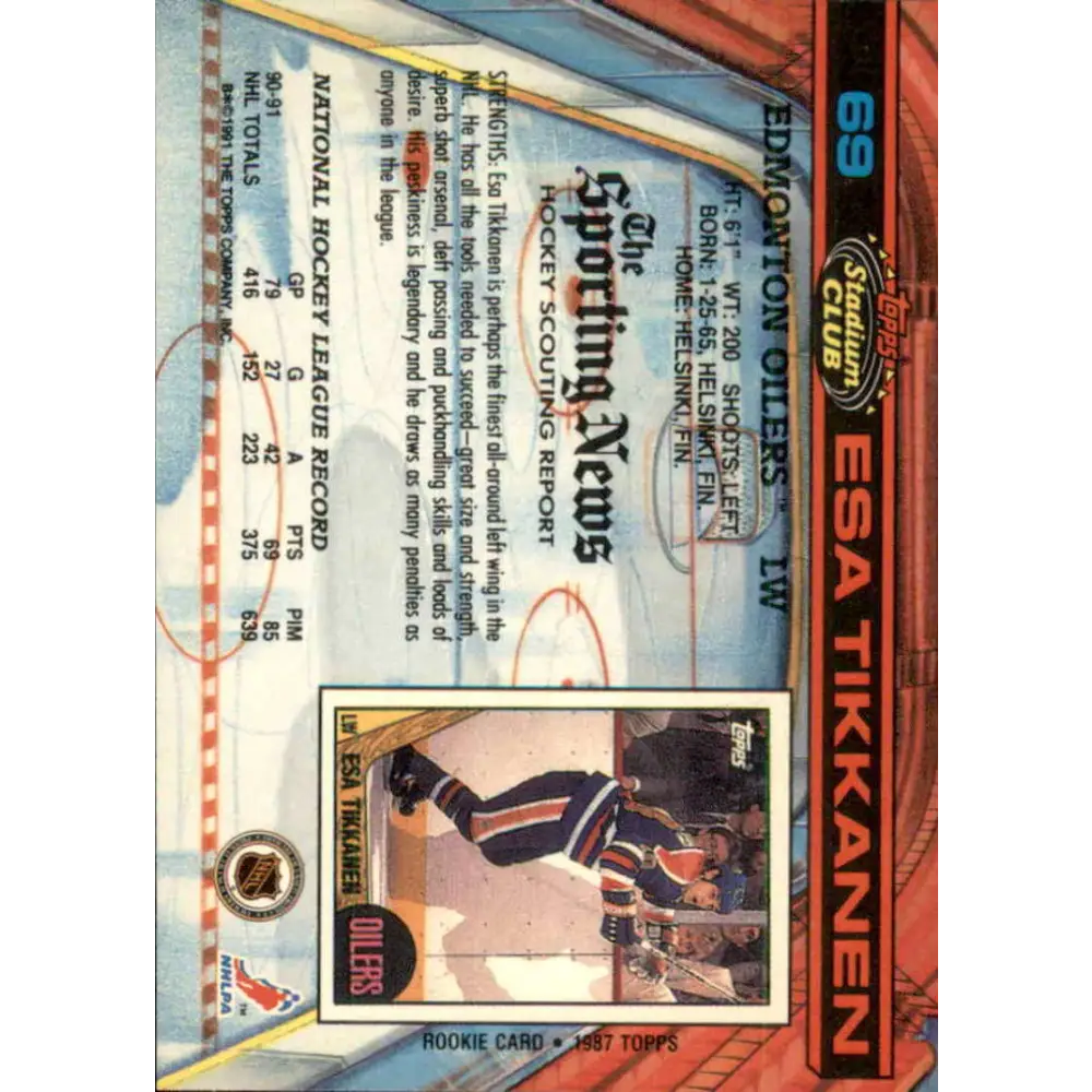 1991-92 Topps Stadium Club #69 Esa Tikkanen NM-MT Edmonton Oilers Hockey Card Image 2