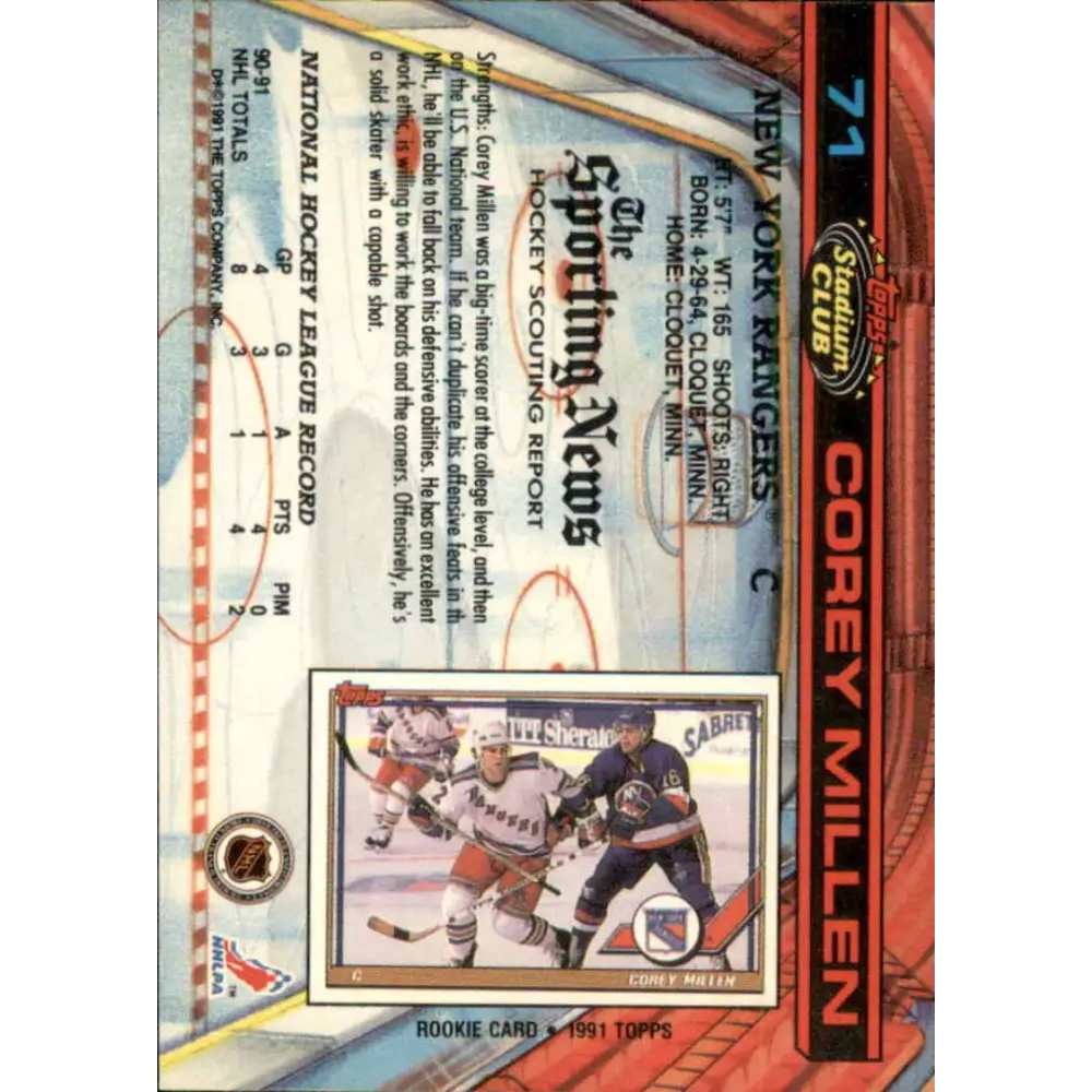 1991-92 Topps Stadium Club #71 Corey Millen NM-MT RC Rookie New York Rangers Hockey Card Image 2
