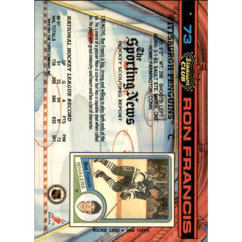 1991-92 Topps Stadium Club #73 Ron Francis NM-MT Pittsburgh Penguins Hockey Card Image 2