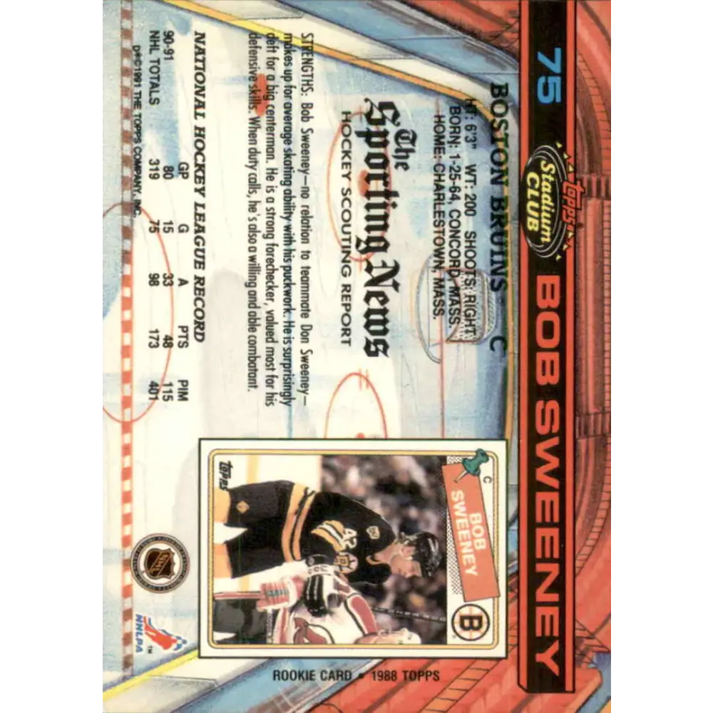 1991-92 Topps Stadium Club #75 Bob Sweeney NM-MT Boston Bruins Hockey Card Image 2