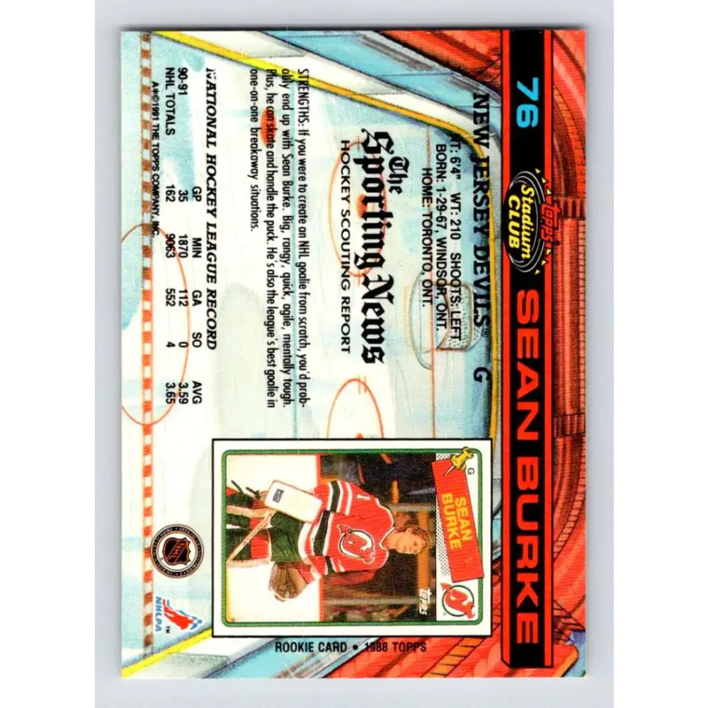 1991-92 Topps Stadium Club #76 Sean Burke NM-MT New Jersey Devils Hockey Card Image 2