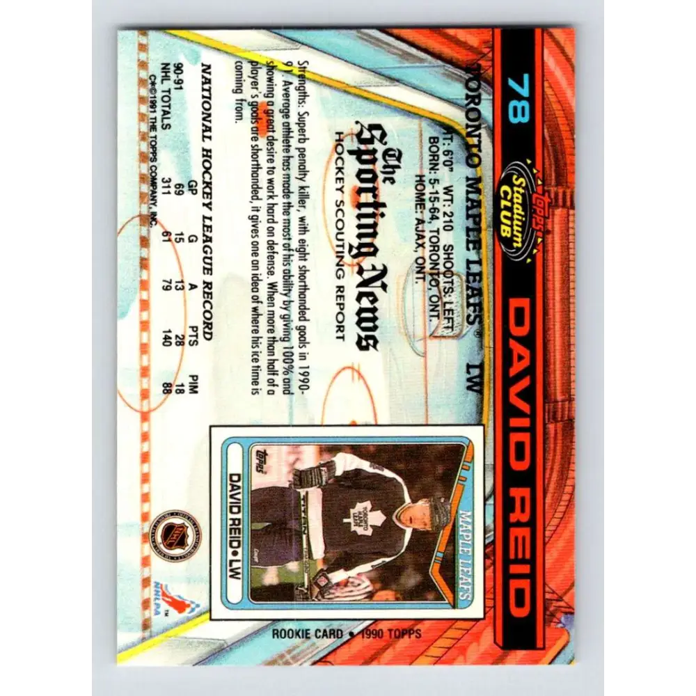 1991-92 Topps Stadium Club #78 David Reid NM-MT Toronto Maple Leafs Hockey Card Image 2