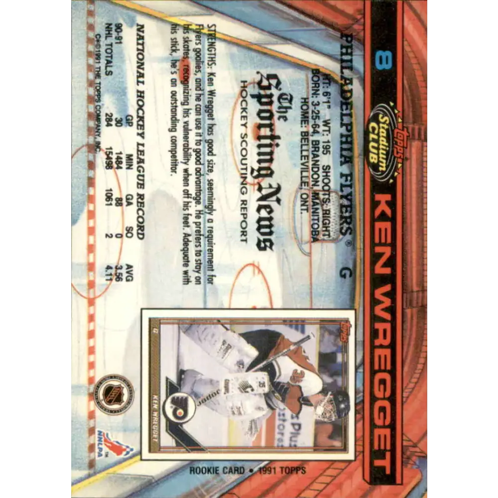1991-92 Topps Stadium Club #8 Ken Wregget NM-MT Philadelphia Flyers Hockey Card Image 2